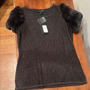 Neiman Marcus Sparkling charcoal/brown cashmere blend sweater with Fur Sleeves
